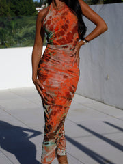 Elegant U Neck Printed Halter Maxi Dress