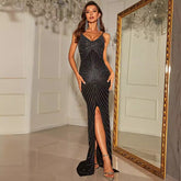 Vestido de noche con tirantes y cola de pez, con diamantes de imitación, para fiesta y cóctel, largo.