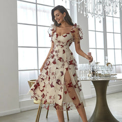 Embroidered Printed Waist off-Shoulder Dress Low-Cut Mesh Large Organza