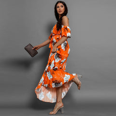 off Neck Pleated Printed Slip Shoulder Sleeve Floral Print Maxi Dress
