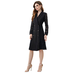 Vestido informal de doble botonadura con mangas de encaje y patchwork