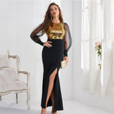Mesh Long Sleeve Stitching Sequ Dress Dress High Split