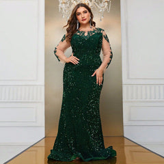 Plus Size Mesh Sequin Stitching Long Sleeve Three Dimensional Floral Evening Dress Cocktail Fishtail Maxi Dress