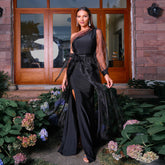 Long Sleeve Elegant Black One Shoulder Diagonal Collar Waist Split Mesh Dress Evening Dress Organza