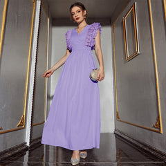 Solid Color V neck Sleeveless High Waist Dress