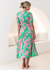 Vintage Court Printed V neck Floral Dress for