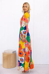 Years Print round Neck Lantern Sleeve Long Waist Dress-