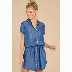 Vestido vaquero informal de un solo pecho con cinturón