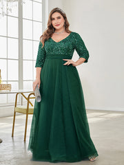 Plus Size V neck Short Sleeve Sequined Tulle A line Floor Elegant Prom Evening Dress Party Dress