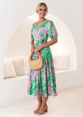 Vintage Court Printed V neck Floral Dress for