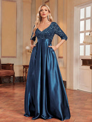 V neck Long Sleeve Sequined Elegant Prom Evening Party Dress