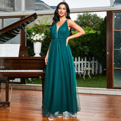Spaghetti Straps Sleeveless Elegant Slim Fit Long Solid Color Cocktail Bridesmaid Dress Evening Maxi