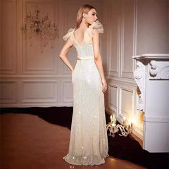 Sequin Model Ladies Cocktail Elegant V Neck Long Dinner Fishtail Dress