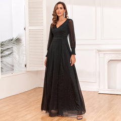 Vestido maxi de patchwork con mangas largas transparentes, escote en V, abertura alta, gran vuelo, brillante, forro completo, vestido de noche de calidad