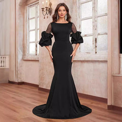 Simple Prom Evening Dress Crew Neck Long Sleeve Elegant Party Fishtail Dress Black Evening Dress
