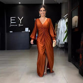 Collar Solid Color Long Sleeve Slim Fit Slit Noble Dress