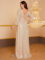 Paillettenbesetztes, langärmeliges, elegantes und schlichtes Cocktail- und Abendkleid mit V-Ausschnitt