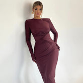 Solid Color Crew Neck Personality Pleated Slim Long Sleeve Dress