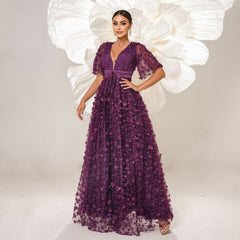 High End Short Sleeved Elegant V Neck Long Cocktail Evening Dress Bridesmaid Dress Mesh Large Swing