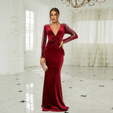 Elegant Long Sleeve Long Velvet V neck Annual Party Party Evening Dress Bridesmaid Dress