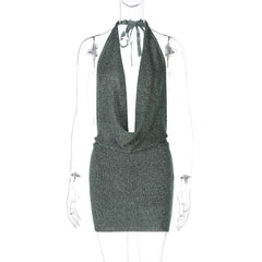 V neck Backless Lace up Wool Dress