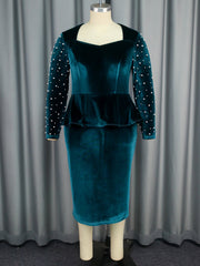 Elegant Long Sleeve Beaded Dress Flannel High Waist Dress