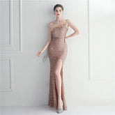 Decorative Ostrich Feather off Shoulder Collar Sequined The Dinner Party Nightclub Dress Long Evening Dress