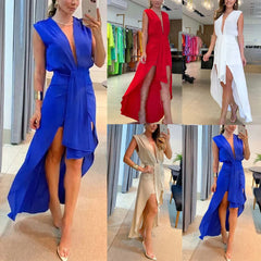 Large Deep V Plunge neck Adult Lady like Woman Sleeveless Double Layer Dress