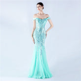 Dress Craft Beaded Mesh Sequin Evening Dress Annual Meeting Performance Host