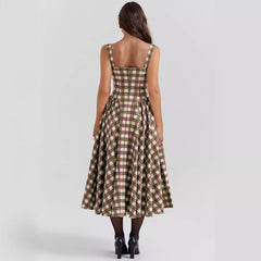 Vestido estilo europeo con cuello en U y cuadros, cintura estrecha, estilo retro, con vuelo grande