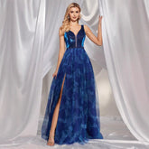 Deep V Plunge Floral Print Stitching Rhinestone Ornament High Slit Dinner Dress Bridesmaid