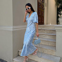 Dress Short Sleeve Satin Drooping Slimming Backless Printed Maxi Dress