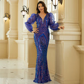 Vestido de cóctel elegante de manga larga con lentejuelas y escote en V sin espalda para dama de honor