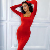 Square Collar Long Sleeve Solid Color Waist Tight Slimming Sheath Dress