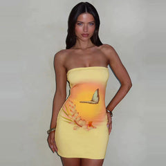 Vestido sin mangas sin tirantes con estampado floral de mariposas y vestido a la cadera