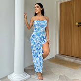 Off The Shoulder Floral Flounce Patchwork Slit Sling Dress