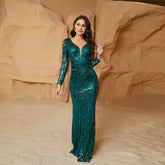 Long Sleeved Elegant V neck Slim Fit Long Sequined Cocktail Evening Dress Bridesmaid Dress for