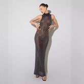 Sheer Cutout Maxi Dress Mesh Rhinestone Sleeveless Maxi