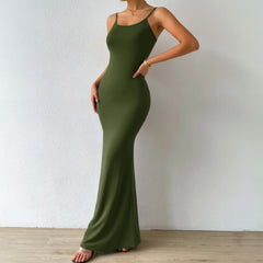 Solid Color Suspenders Sleeveless Backless Dress