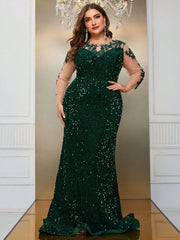 Plus Size Mesh Sequin Stitching Long Sleeve Three Dimensional Floral Evening Dress Cocktail Fishtail Maxi Dress