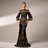 Long Sleeve round Neck Long Sequined Cocktail Mesh Fishtail Evening Dress Bridesmaid Dress