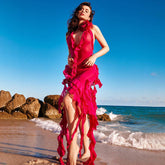 Multi Color Net Yarn Floral Ribbon Halter Ethnic Red Dress