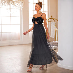 Mesh Sequ Camisole Evening Long Elegant Socialite Slim Fit Slimming Dress