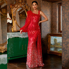 Elegante vestido de cóctel de noche largo con lentejuelas, manga larga, cuello diagonal, sin espalda, ajustado para dama de honor