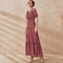 V neck Puff Short Sleeve High Waist Solid Color Dress