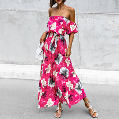 off Neck Pleated Printed Slip Shoulder Sleeve Floral Print Maxi Dress