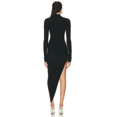 Black Long Sleeve Dress Diamond Decorations Hollow Out Cutout Asymmetric Bandage Dress