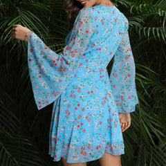 V neck Small Floral Dress Bell Sleeve A line Dress Casual Wear