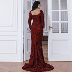 Vestido de novia de manga larga con escote de cola de pez y largo medio, color tostado, negro, para noche