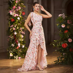 Diagonal Collar Tube Top Printed Dress High Slit Irregular Asymmetric Hem Dress